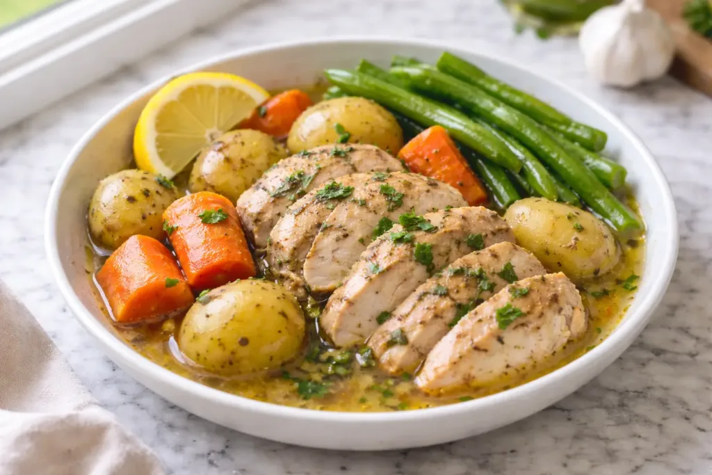 Healthy Crockpot Lemon Herb Chicken (Dump-and-Go Dinner) healthy dinner recipes crockpot Shredded lemon herb crockpot chicken with veggies on plate