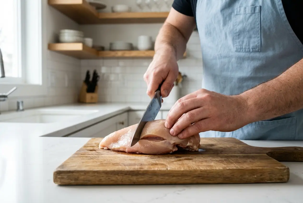 Spinach and Cheese Stuffed Chicken Breast (Oven-Baked, Juicy) Stuffed Chicken Breast Recipes Knife cutting a pocket into a chicken breast on a cutting board