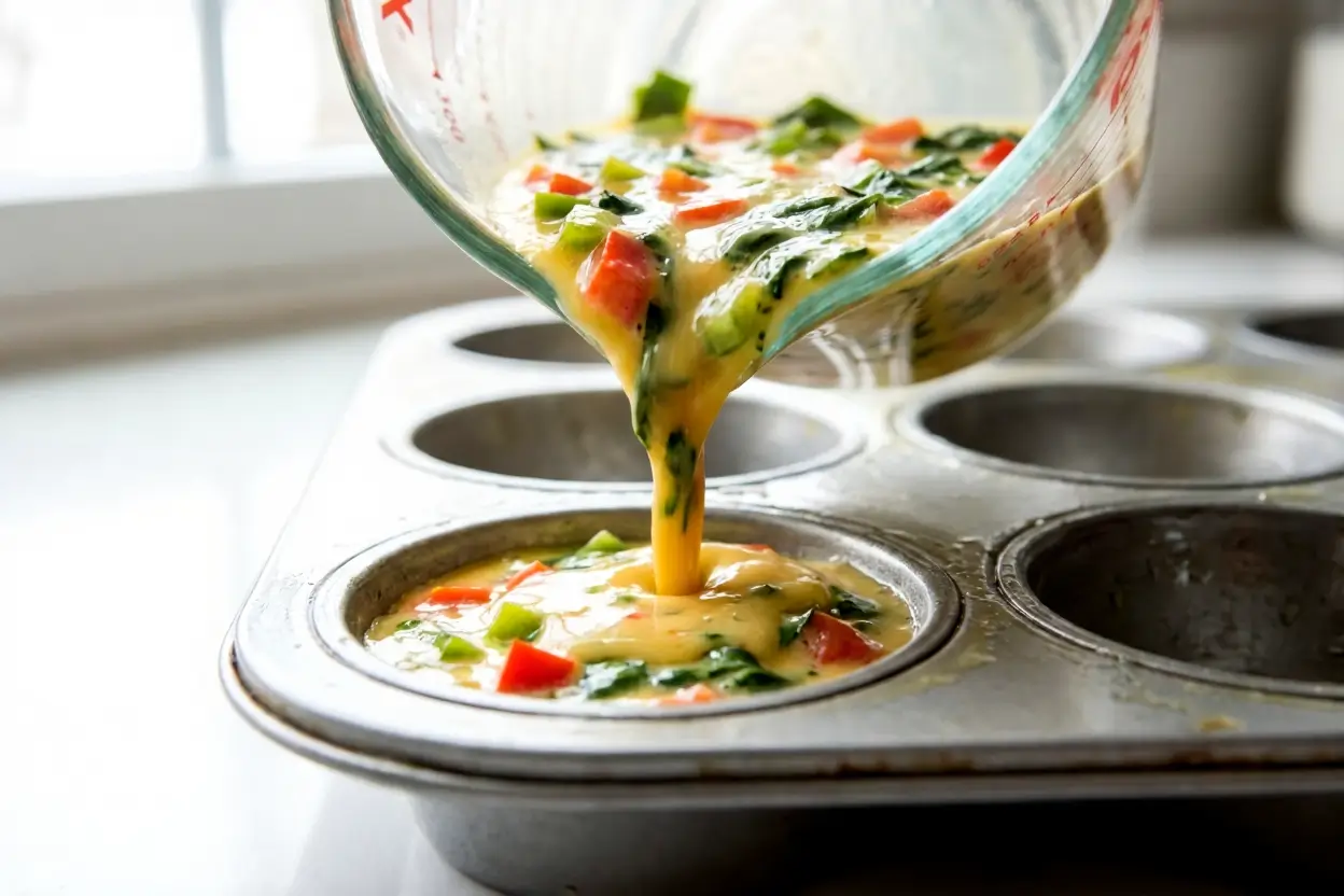 Egg mixture being poured into muffin tin cups with visible vegetables for meal prep egg muffins.