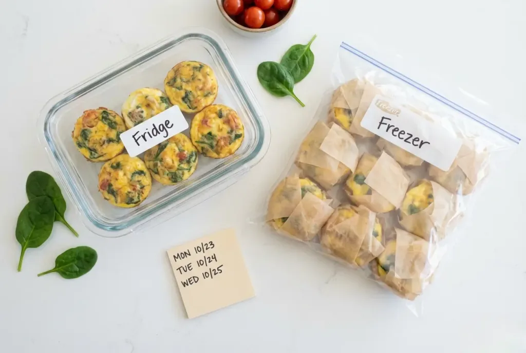 Egg muffins stored in an airtight container for the fridge and individually wrapped in a freezer bag for meal prep.