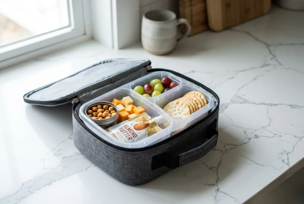 Lunch bag packed with a snack box and shelf-stable items