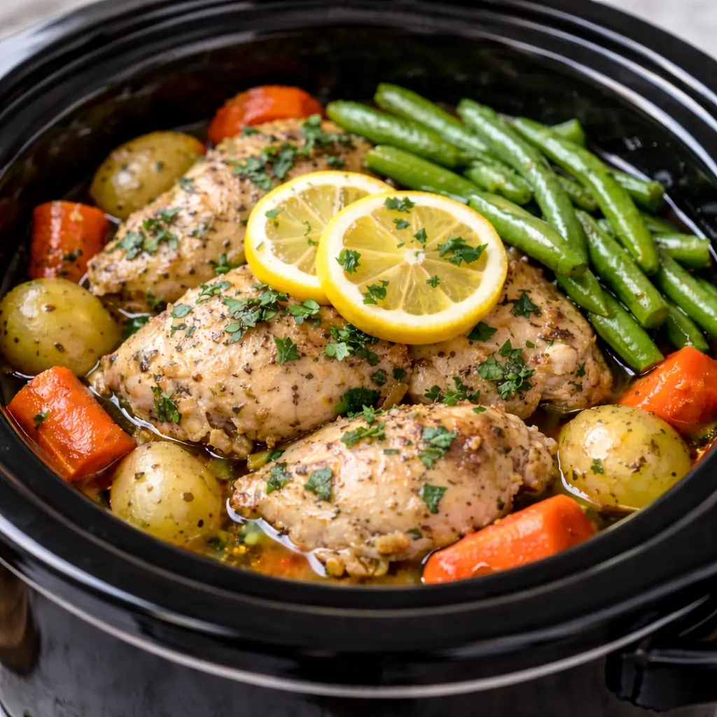 Healthy Crockpot Lemon Herb Chicken (Dump-and-Go Dinner) healthy dinner recipes crockpot Healthy crockpot lemon herb chicken with potatoes and carrots