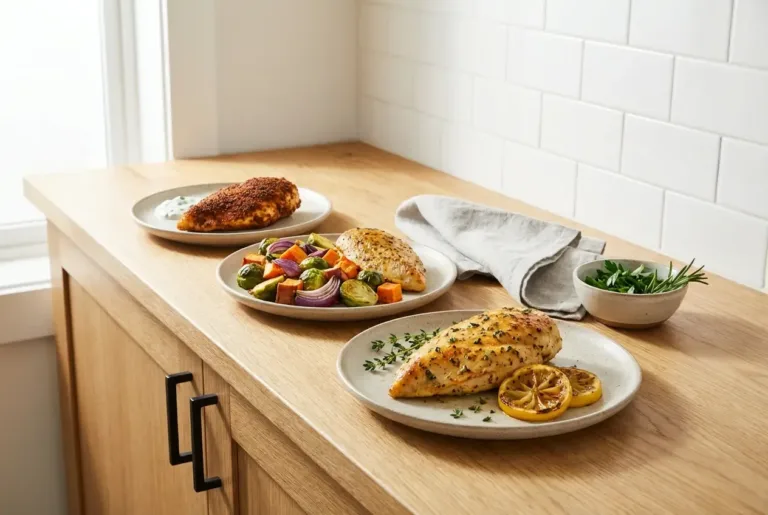 Healthy chicken breast dinner lineup on a kitchen counter