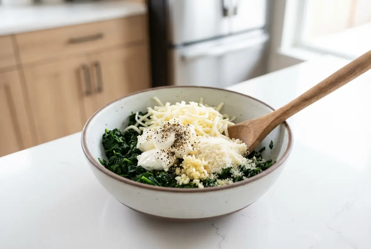Spinach and Cheese Stuffed Chicken Breast (Oven-Baked, Juicy) Stuffed Chicken Breast Recipes Bowl of spinach cheese filling being mixed with a spoon