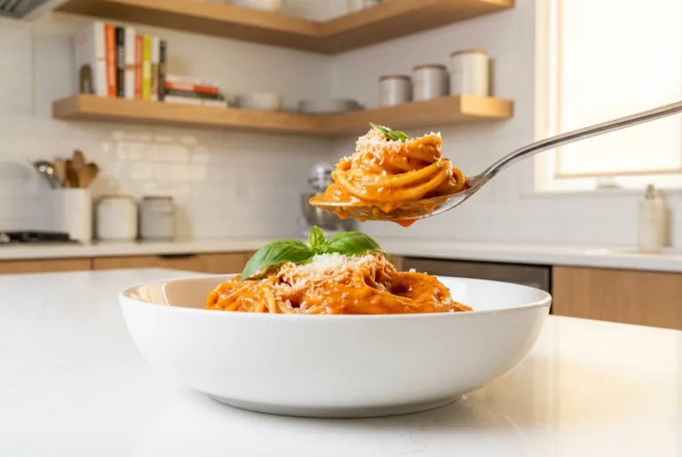 Easy Dinner for One: Creamy Tomato Garlic Pasta (One Pan) easy dinner recipes for one One-pan creamy tomato garlic pasta served in a white bowl