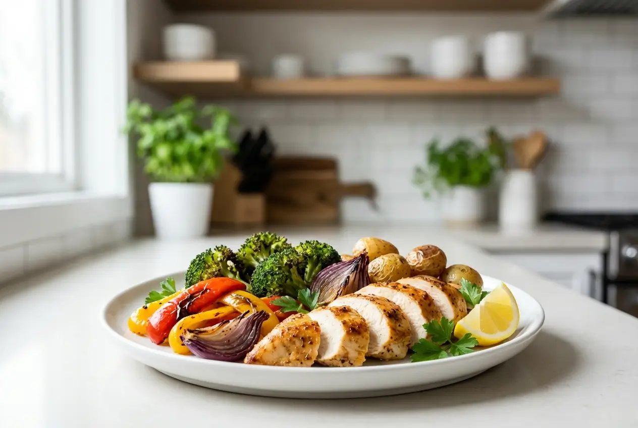 Sheet Pan Chicken and Veggies for Two (Healthy + Minimal Cleanup) healthy dinner recipes for two Plated chicken breast with roasted vegetables and lemon on a dinner plate