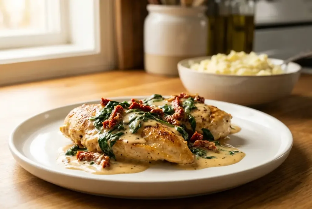 Creamy Tuscan Chicken for Two (No Wine, Date-Night Friendly) Valentine Dinner Ideas Plated Tuscan chicken with creamy sauce and spinach (valentine dinner ideas)