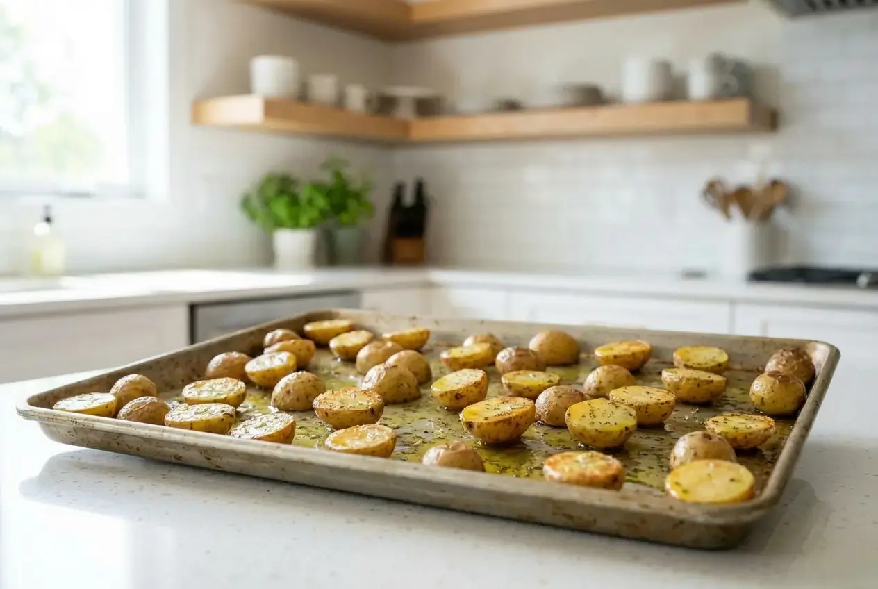 Sheet Pan Chicken and Veggies for Two (Healthy + Minimal Cleanup) healthy dinner recipes for two Seasoned baby potatoes spread on a sheet pan ready to start roasting