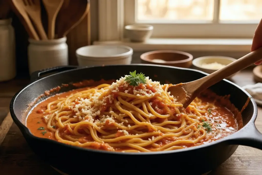 Easy Dinner for One: Creamy Tomato Garlic Pasta (One Pan) easy dinner recipes for one Creamy tomato sauce coating pasta in a skillet (Easy Dinner for One)