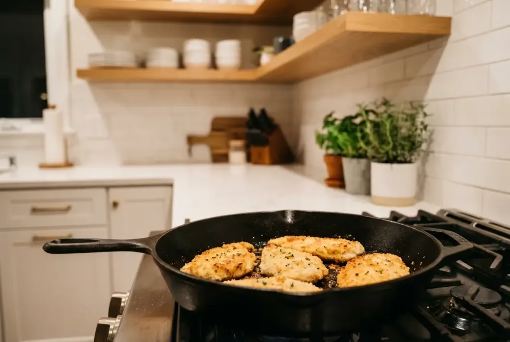 Creamy Tuscan Chicken for Two (No Wine, Date-Night Friendly) Valentine Dinner Ideas Chicken cutlets searing in a skillet until lightly golden
