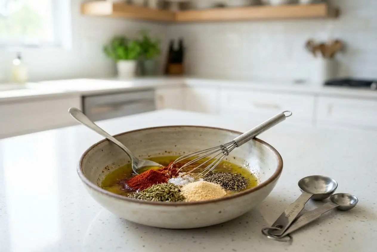 Sheet Pan Chicken and Veggies for Two (Healthy + Minimal Cleanup) healthy dinner recipes for two Bowl of seasoning and oil being mixed for chicken and vegetables