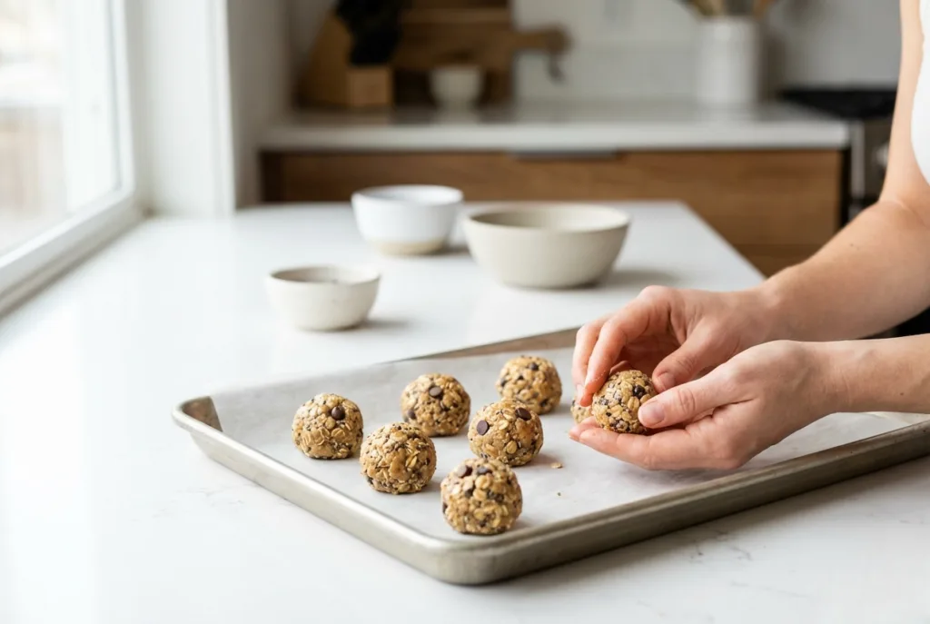 Hands rolling no-bake peanut butter oat energy bites