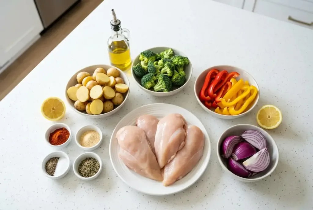 Sheet Pan Chicken and Veggies for Two (Healthy + Minimal Cleanup) healthy dinner recipes for two Prepped chicken and chopped vegetables arranged on a counter for roasting