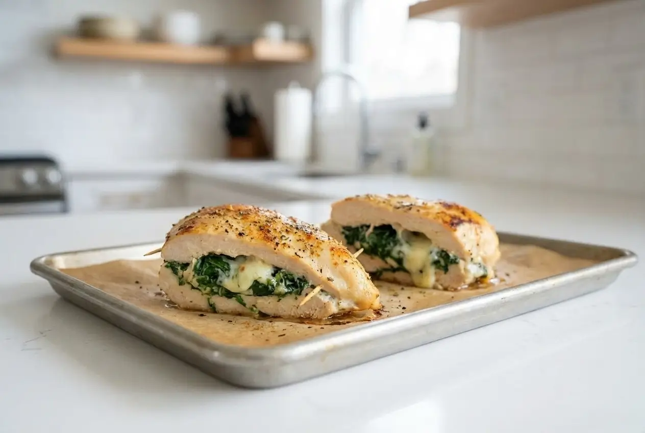 Spinach and Cheese Stuffed Chicken Breast (Oven-Baked, Juicy) Stuffed Chicken Breast Recipes Stuffed chicken breasts secured with toothpicks on a sheet pan