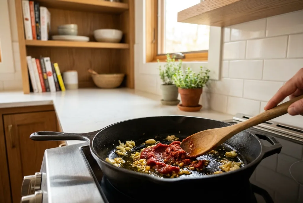Easy Dinner for One: Creamy Tomato Garlic Pasta (One Pan) easy dinner recipes for one Tomato paste and garlic cooking in a skillet before adding pasta