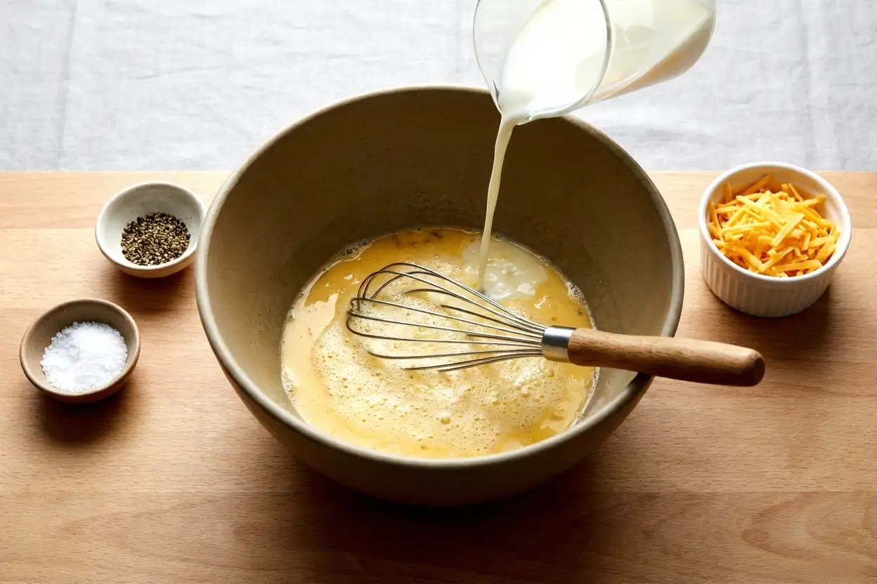 Whisked egg mixture in a bowl with milk and seasonings, ready to be mixed with cheese and fillings.