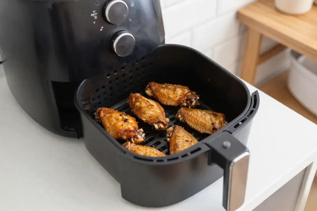 Crispy Air Fryer Chicken Wings (25 Minutes + 2 Quick Sauces) Super Bowl Recipes Chicken wings cooking in an air fryer basket in a single layer