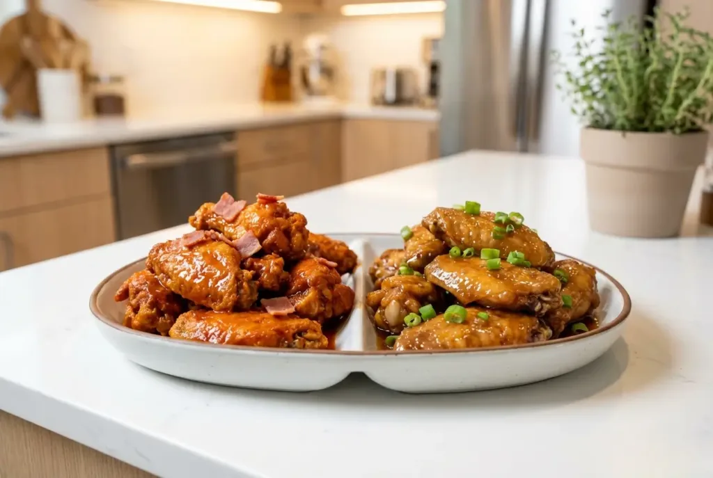 Crispy Air Fryer Chicken Wings (25 Minutes + 2 Quick Sauces) Super Bowl Recipes Buffalo wings and honey garlic wings served on one platter with dipping sauces