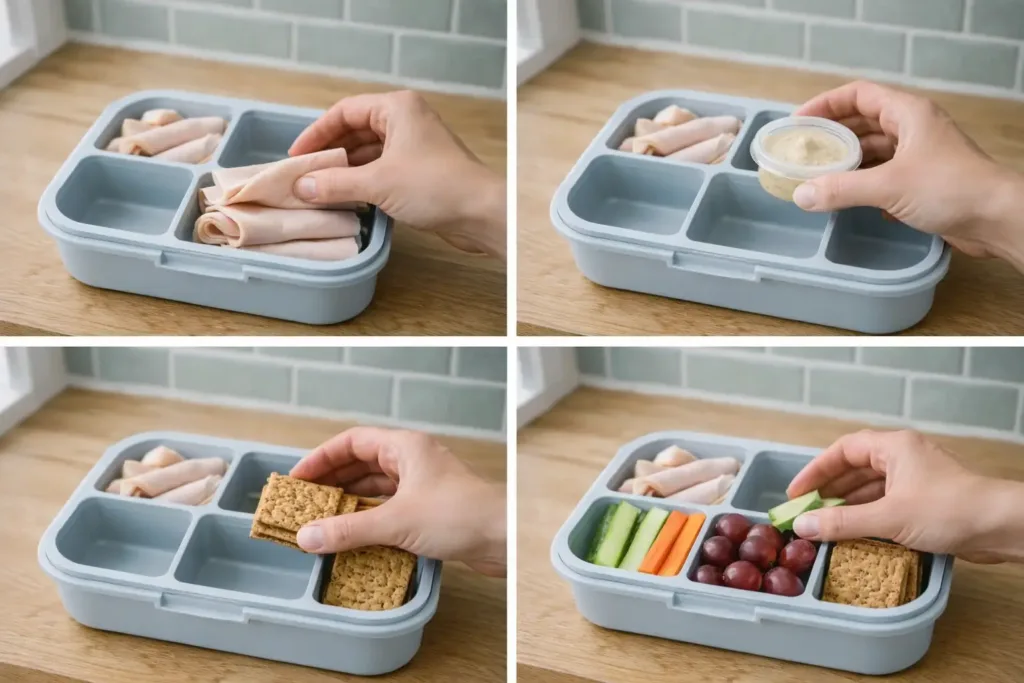 Four-step collage showing turkey, hummus cup, crunch, and produce packed