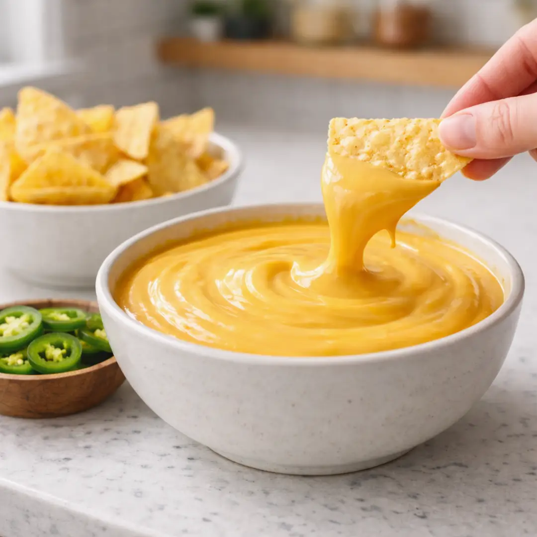 5-minute nacho cheese dip in a bowl with tortilla chips
