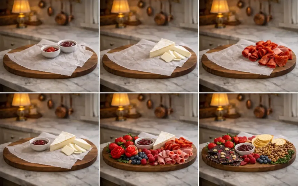 Valentine Charcuterie Board (Strawberry Roses + Chocolate) Valentines Charcuterie Board collage: place bowls, add cheese, fold turkey salami, add fruit, add chocolate, fill gaps