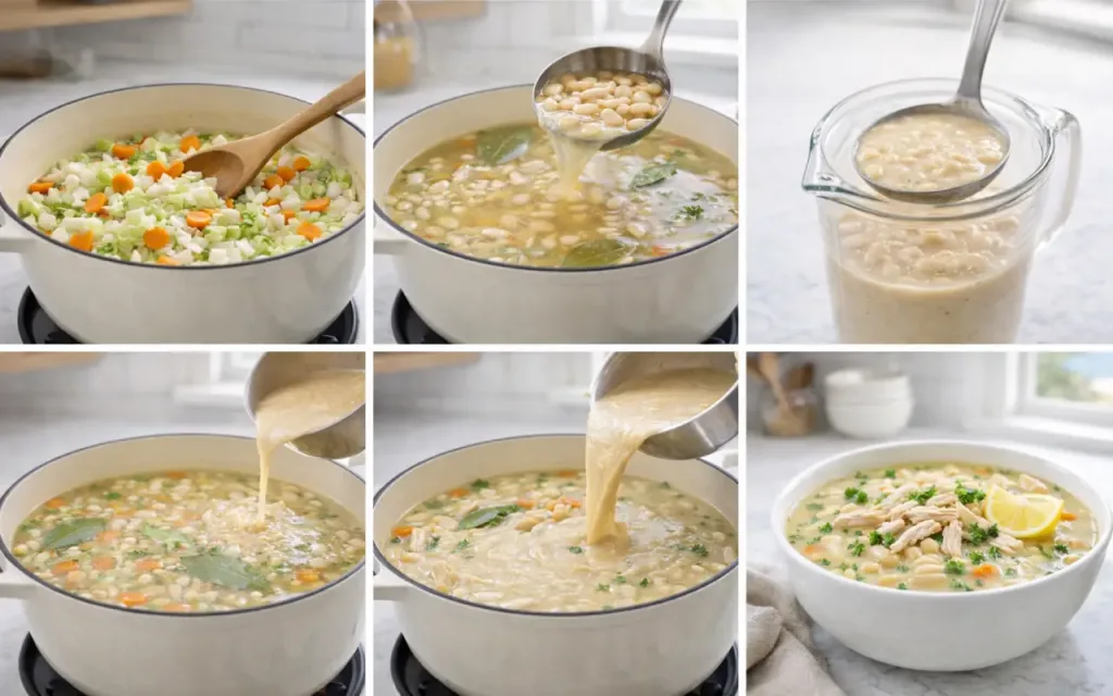 Creamy White Bean Chicken Soup (Budget-Friendly, 30 Minutes) White Bean Chicken Soup collage: sauté veg, simmer, blend beans, add chicken, finish, serve