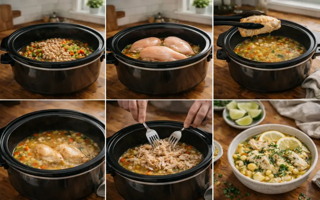 Healthy Crockpot Chicken: 9 Family Dinners + 1 Dump-and-Go Favorite Healthy crockpot chicken collage: load slow cooker, cook, shred chicken, thicken, finish creamy, serve