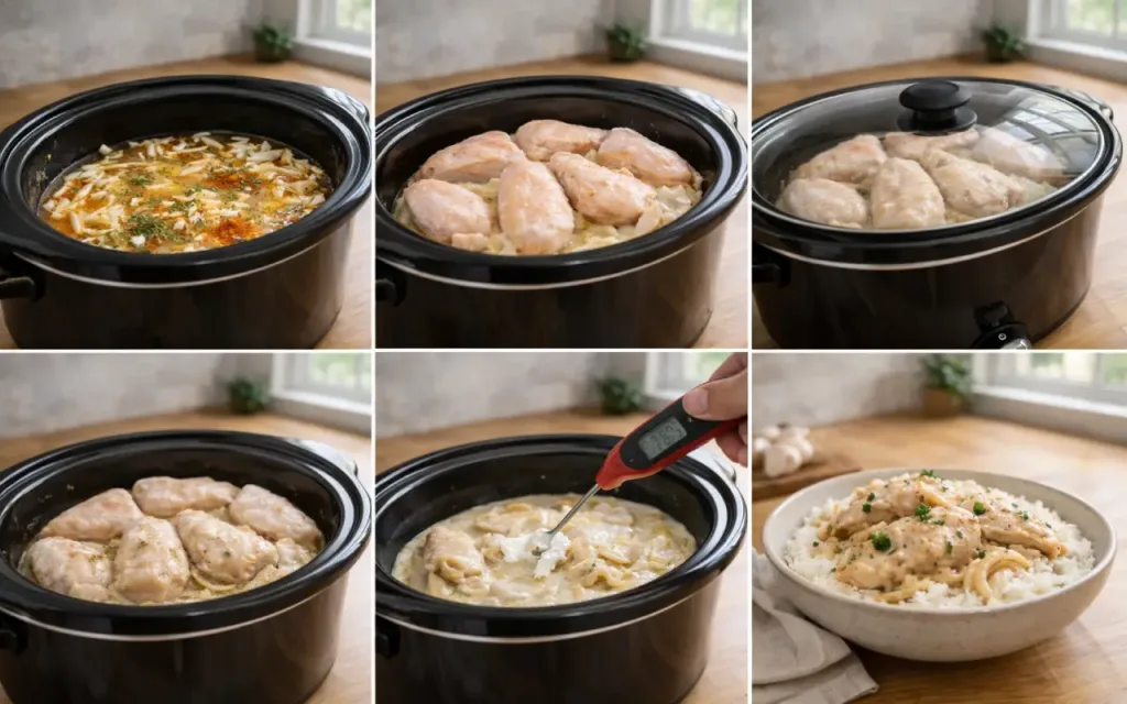 Frozen Chicken in the Crockpot (Safe Timing + Creamy Garlic Option) Frozen Chicken Crockpot collage of crockpot steps: liquid base, chicken in, temp check, creamy finish