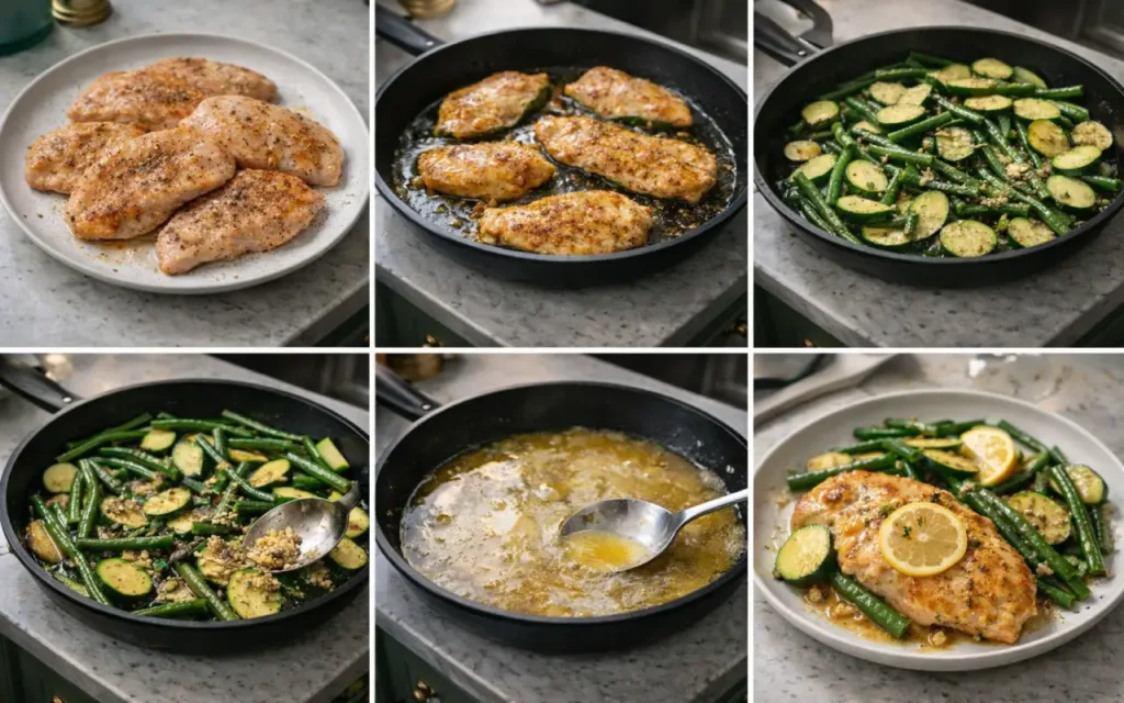 25-Minute Lemon Garlic Chicken Skillet (Healthy, One-Pan) Lemon Garlic Chicken Skillet collage: sear chicken, sauté veggies, add garlic, deglaze, lemon finish, serve