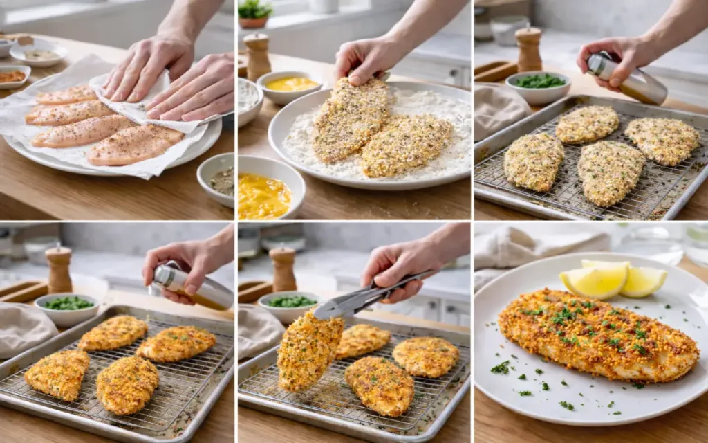 Crispy Oven Chicken Cutlets (Thin-Sliced, 18 Minutes) Crispy oven chicken cutlets collage: season, dredge, rack, spray, bake, flip, serve