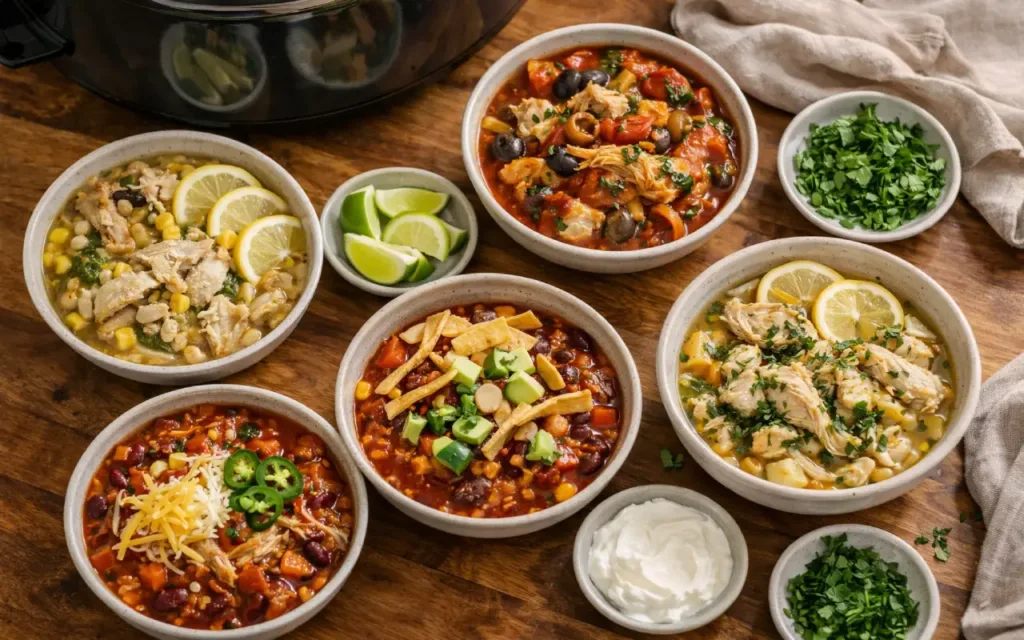 Healthy Crockpot Chicken: 9 Family Dinners + 1 Dump-and-Go Favorite Healthy crockpot chicken variety spread of crockpot chicken meals in bowls on a kitchen table