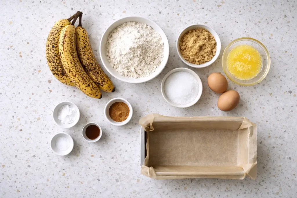 Classic Moist Banana Bread (1 Bowl, No Mixer) How To Make Banana Bread ripe bananas, flour, sugar, eggs, butter, baking soda, salt, vanilla on counter