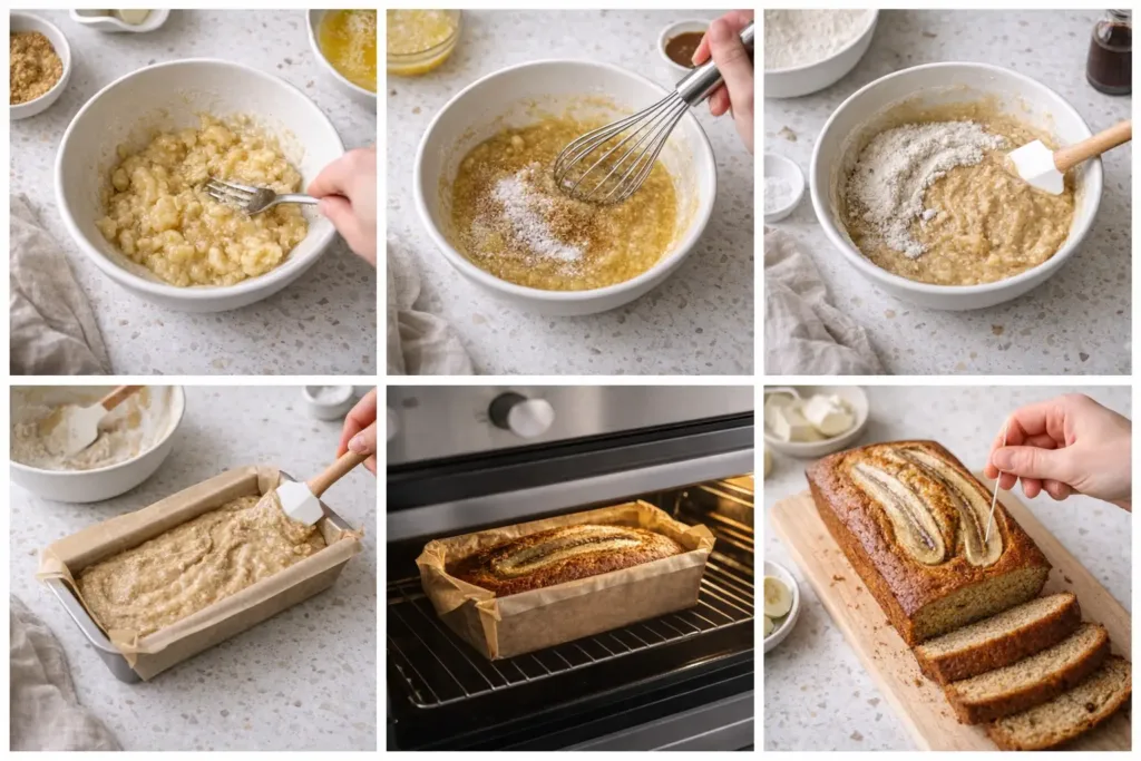 Classic Moist Banana Bread (1 Bowl, No Mixer) How To Make Banana Bread banana bread steps collage: mash, mix, fold flour, pan, bake test, slice