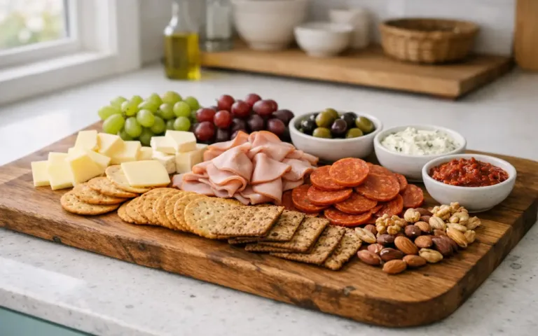 Super Bowl Charcuterie Board with turkey salami, cheese zones, dips, and fruit