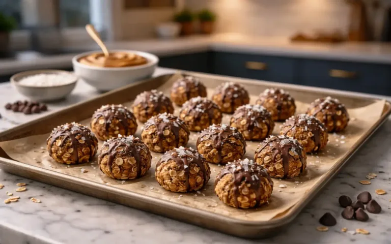 Super Bowl Dessert: no-bake chocolate peanut butter bites on a tray