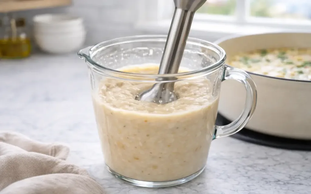 Creamy White Bean Chicken Soup (Budget-Friendly, 30 Minutes) White Bean Chicken Soup blender cup with white beans and broth being blended until smooth