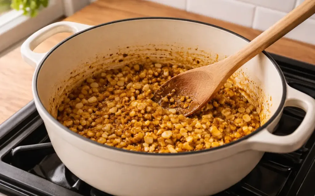 Creamy One-Pot Vegetarian Lentil Curry (Weeknight-Friendly) Healthy Dinner Recipes Vegetarian Curry spices blooming in a pot with onion and garlic