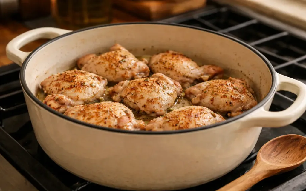 Creamy One-Pot Chicken & Rice (Family Comfort Dinner) easy dinner recipes chicken pieces browning in a pot with light golden edges