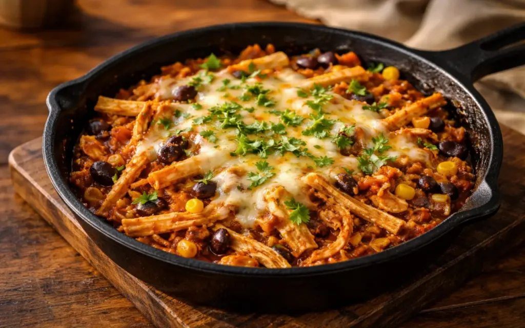 Leftover Shredded Chicken: 21 Fast Dinners That Don’t Taste Like Leftovers leftover shredded chicken recipes chicken enchilada skillet topped with melted cheese and cilantro