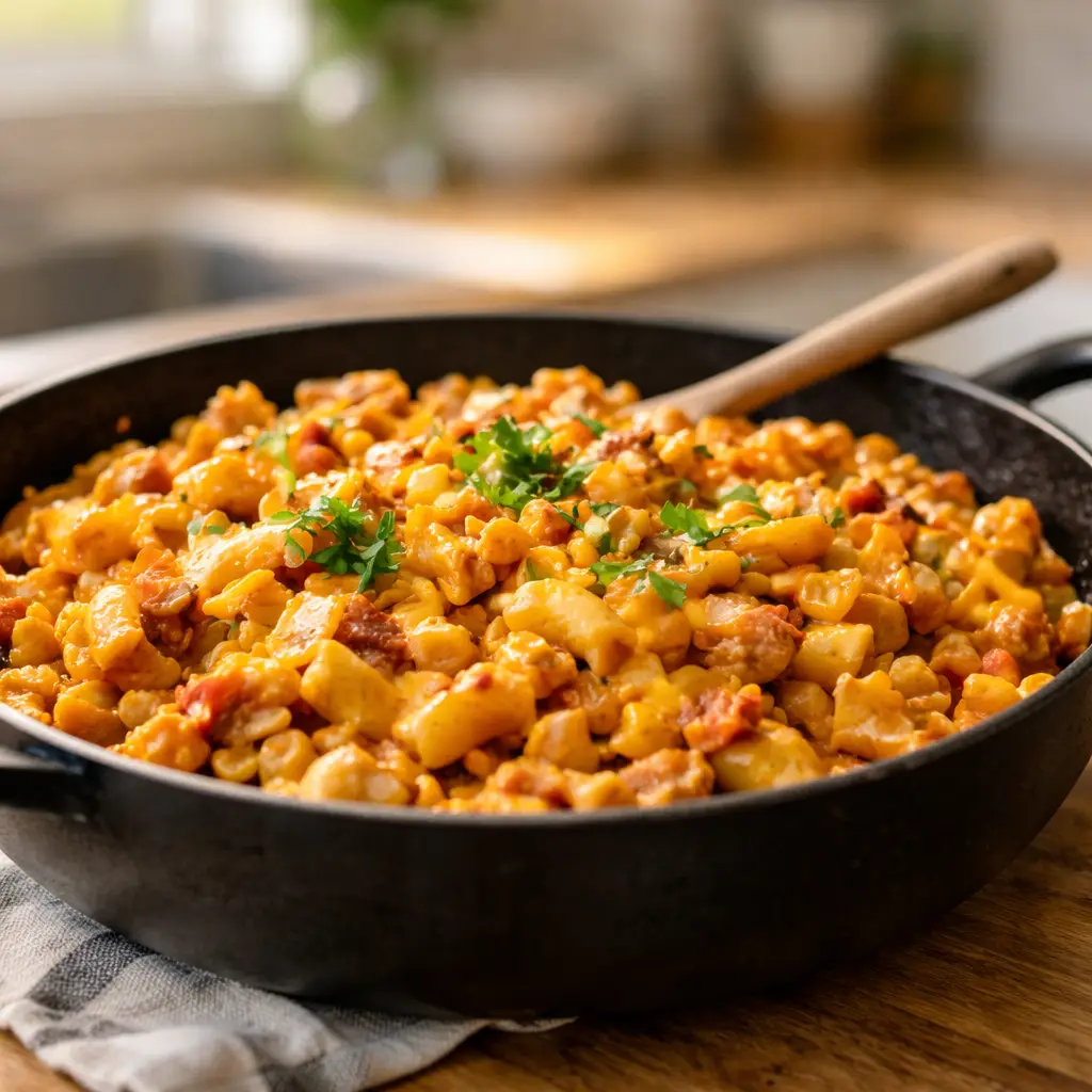 21 Easy Family Dinners Kids Will Eat (Simple, Weeknight-Friendly) dinner recipes for family Cheesy turkey taco pasta skillet cooked in one pan