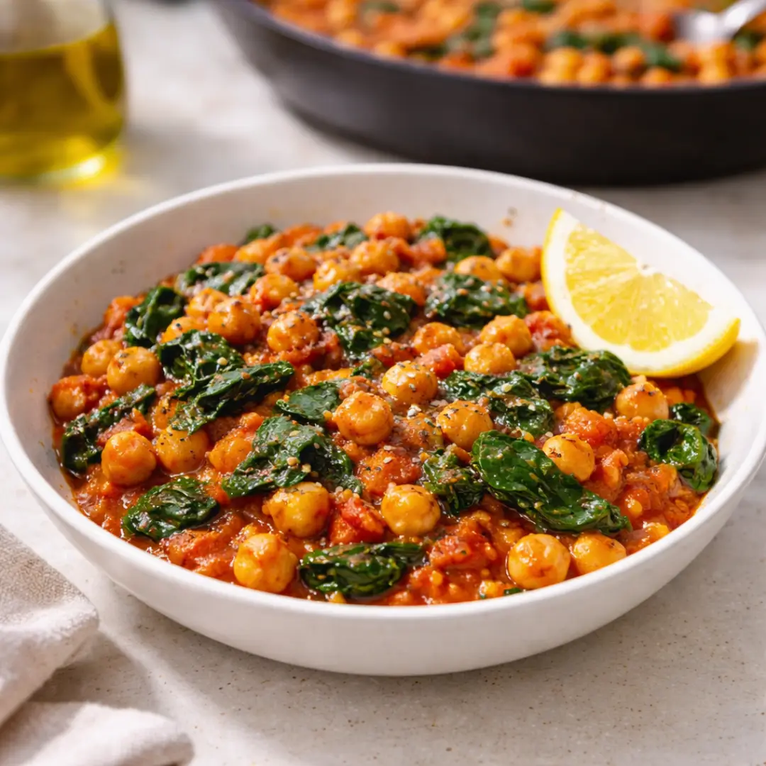 20-Minute One-Pan Chickpea & Spinach Skillet (Healthy) one-pan chickpea chickpea and spinach skillet in tomato sauce with garlic, ready to serve