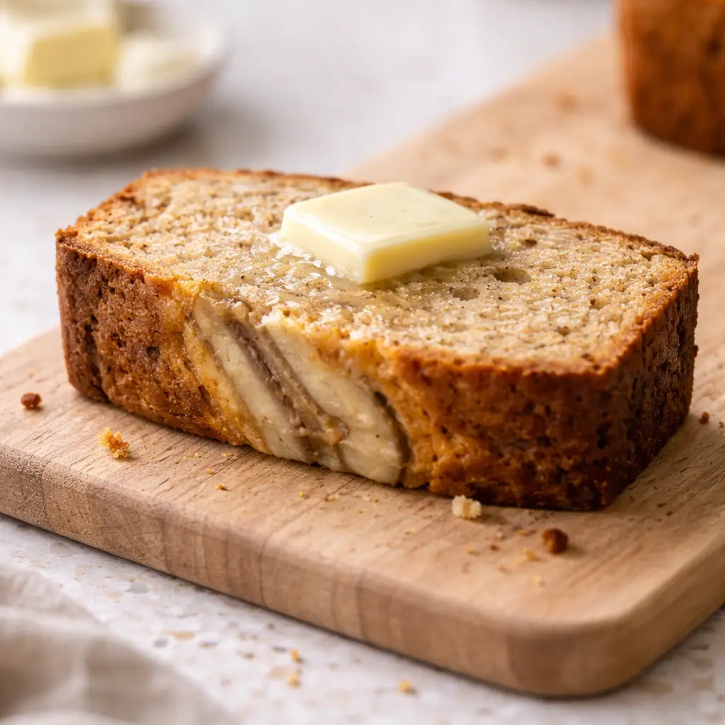 Classic Moist Banana Bread (1 Bowl, No Mixer) How To Make Banana Bread slice of moist banana bread showing tender crumb on cutting board