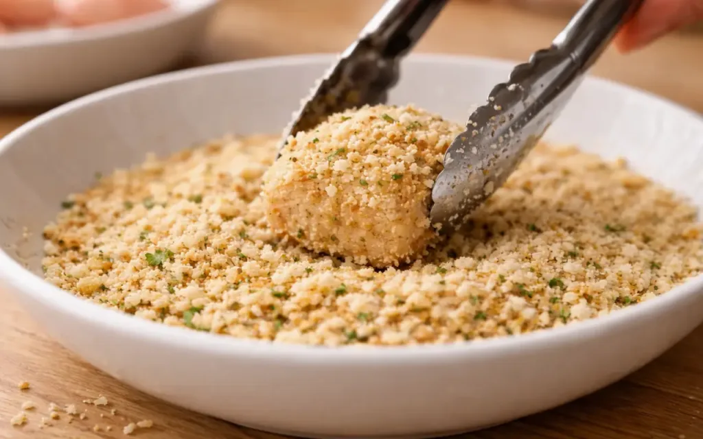 Kid-Approved Chicken Nugget Bites (Oven-Baked, Crispy) easy dinner ideas for kids close-up of chicken coated in panko crumbs, ready for the tray
