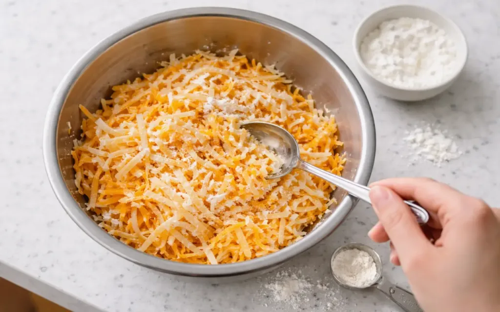 Shredded cheese tossed with cornstarch in a bowl for smooth queso
