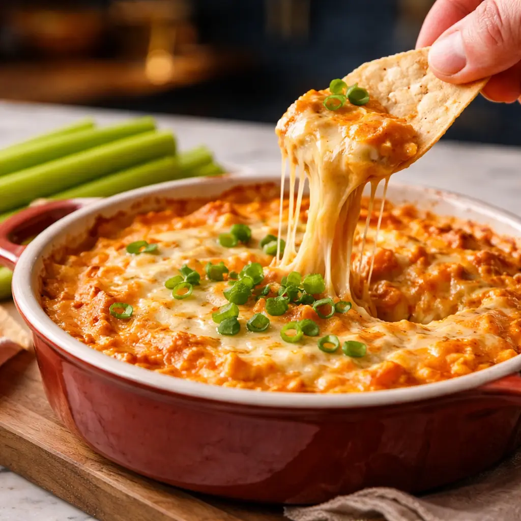 11 Game-Day Dips (Make-Ahead + Crowd-Friendly Picks) game-day dips creamy buffalo chicken dip bubbling in a dish with chips and celery