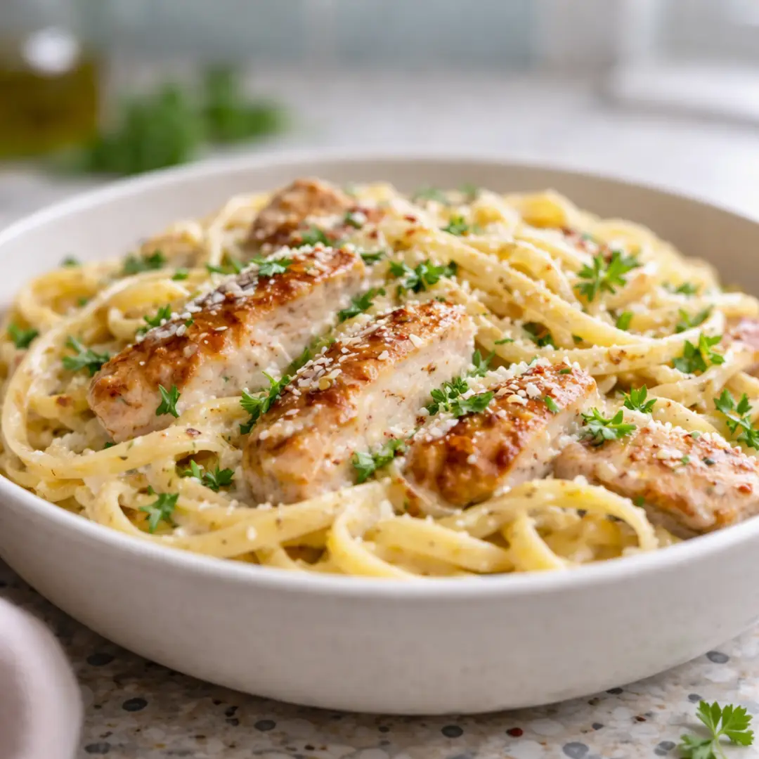 Quick and Easy Dinner Ideas: 12 Reliable 30-Minute Meals quick and easy dinner ideas creamy garlic chicken pasta in a bowl on terrazzo counter