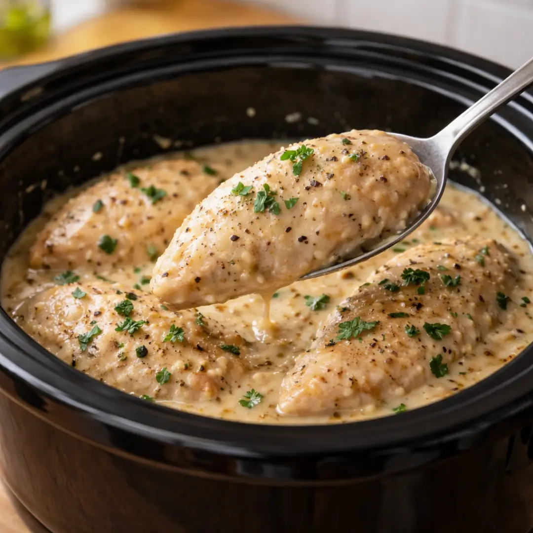 Crockpot Chicken Breast (Creamy Garlic Method, Dump-and-Go) crockpot chicken breast creamy garlic chicken breast in slow cooker with smooth sauce