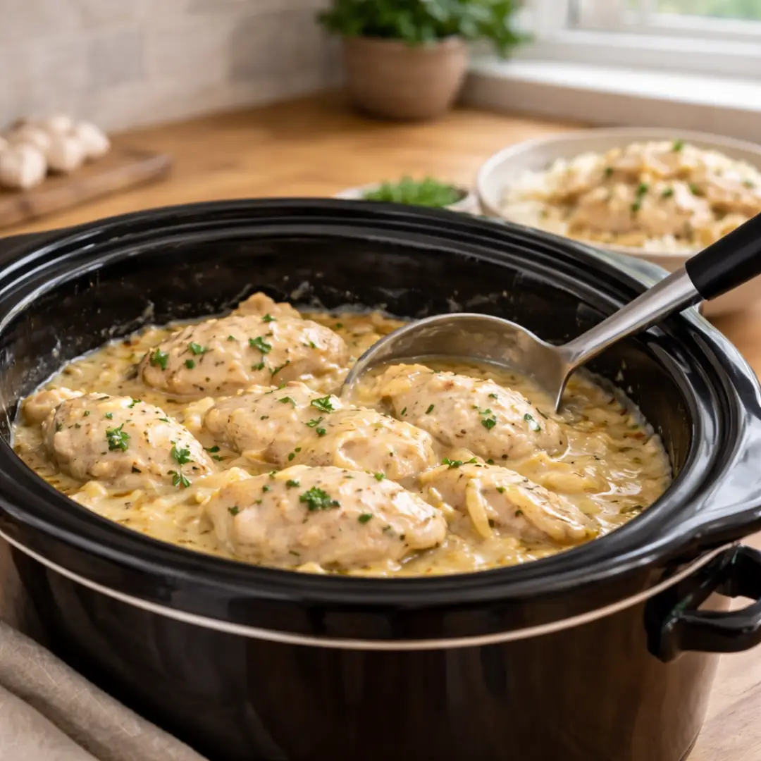 Frozen Chicken in the Crockpot (Safe Timing + Creamy Garlic Option) Frozen Chicken Crockpot creamy garlic crockpot chicken in the slow cooker insert, ready to serve