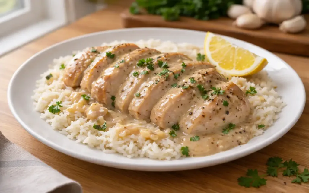 Crockpot Chicken Breast (Creamy Garlic Method, Dump-and-Go) crockpot chicken breast creamy garlic crockpot chicken breast served over rice with parsley