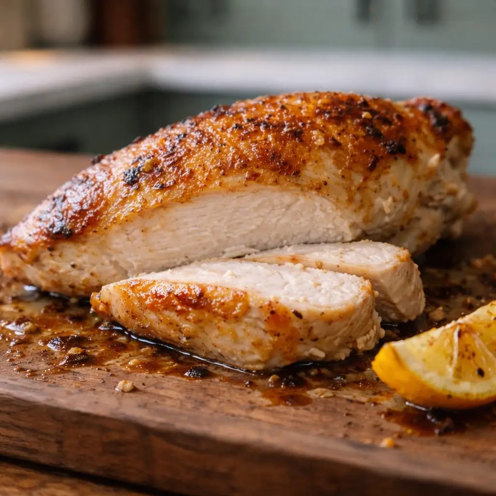 close-up crispy chicken breast skin-on showing juicy slice and browned edges